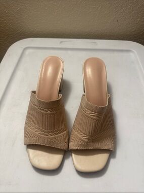Beige Knit Open-Toe Mule Heels